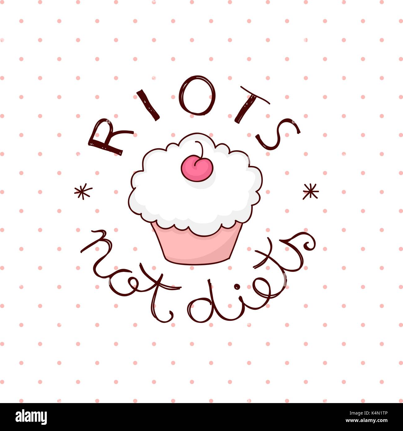 Sommosse non preventivo diete scritte a mano intorno carino cupcake. Luce polka dots background. Illustrazione Vettoriale