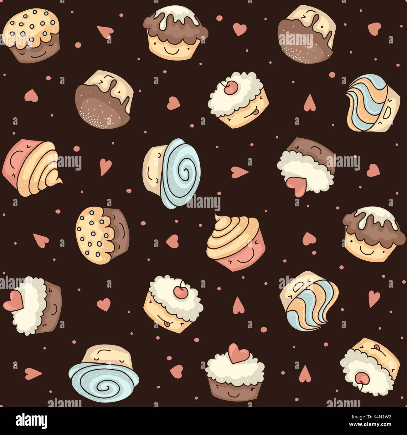 Modello senza cuciture con sorridente kawaii style muffin su un marrone cioccolato con sfondo Cuori rosa e punti Illustrazione Vettoriale