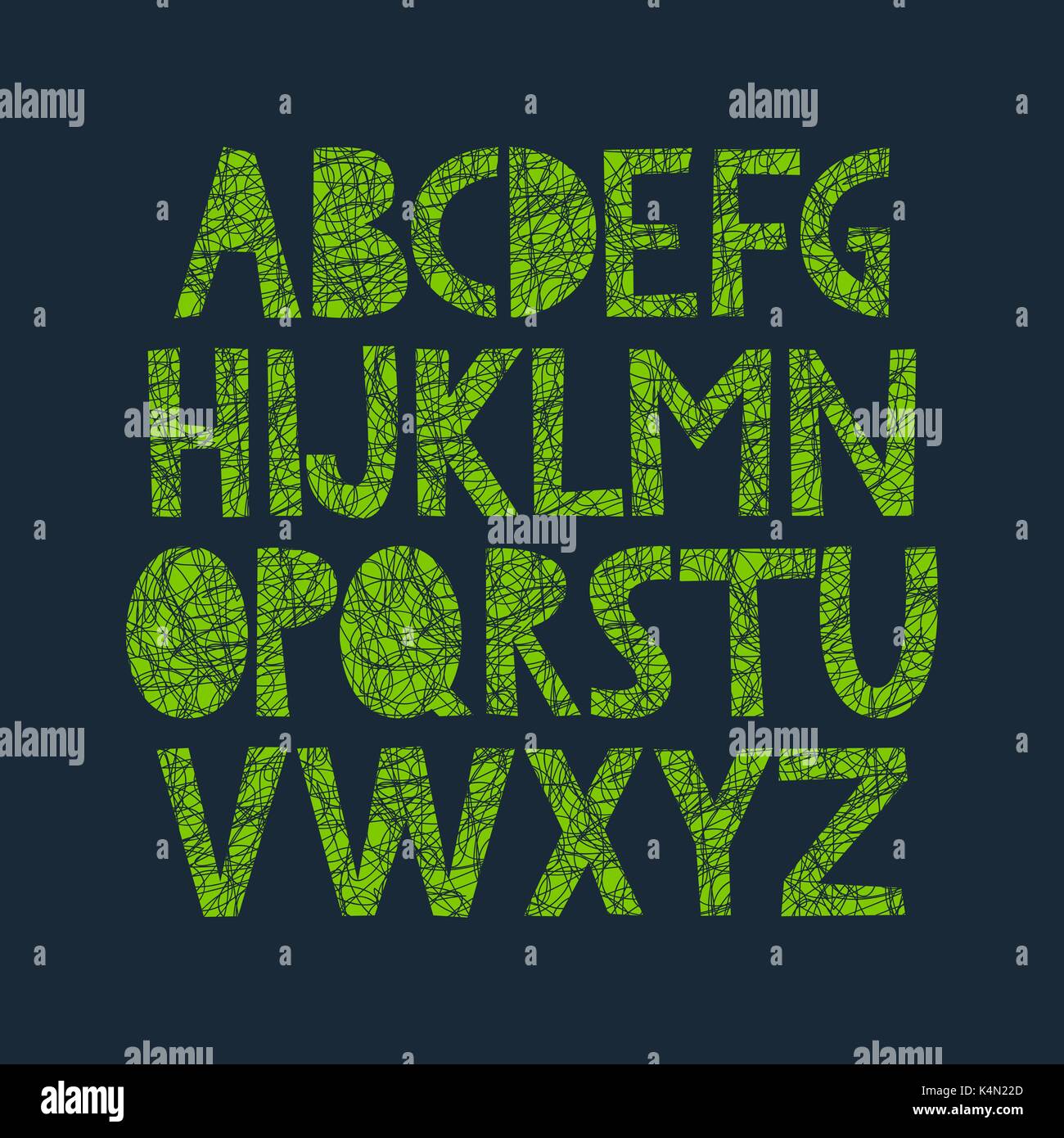 Carino e colorato infantile disegnati a mano alfabeto inglese, con scarabocchiati texture organico. Illustrazione Vettoriale