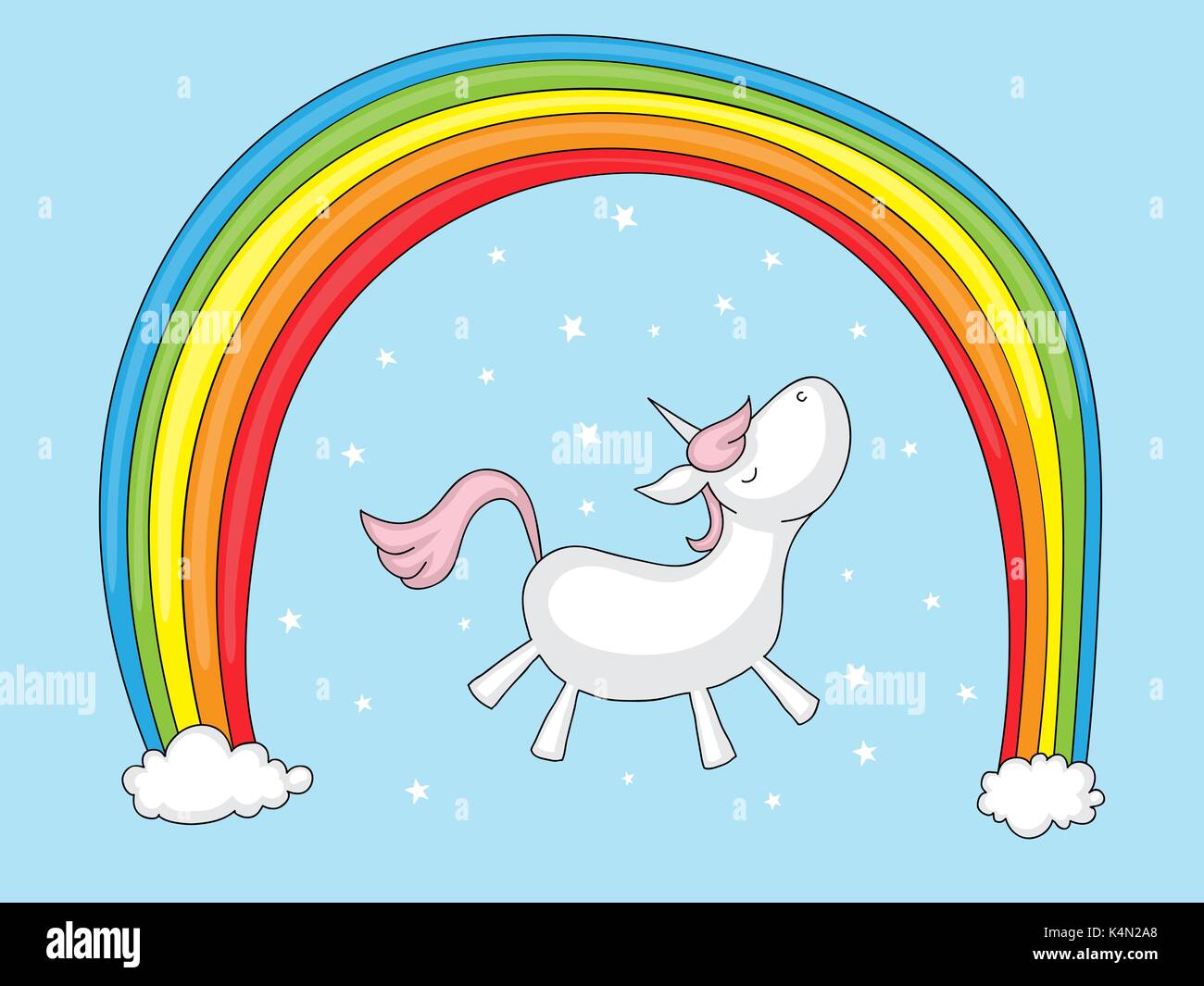 Cartoon carino unicorn sotto un arcobaleno con stelle intorno a. Illustrazione Vettoriale