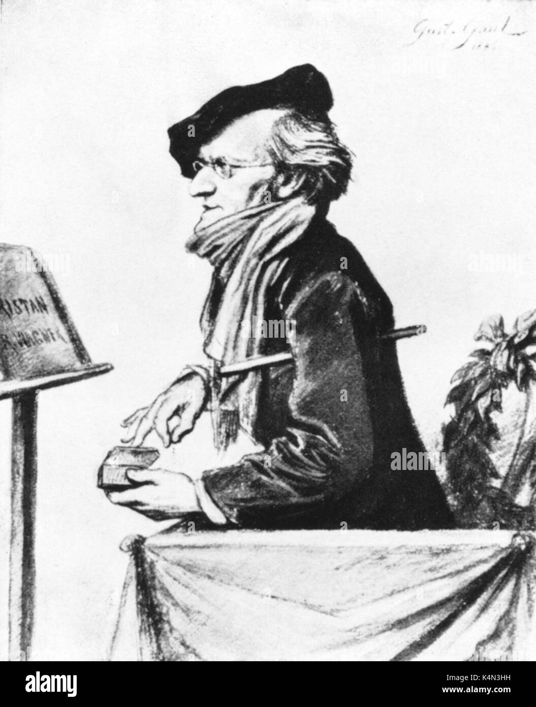 Richard Wagner ripassando "Tristano e Isotta", 1865 - caricatura di Gustav Gallia (1836 - 1888). Compositore tedesco & autore, 22 maggio 1813 - 13 febbraio 1883. Foto Stock