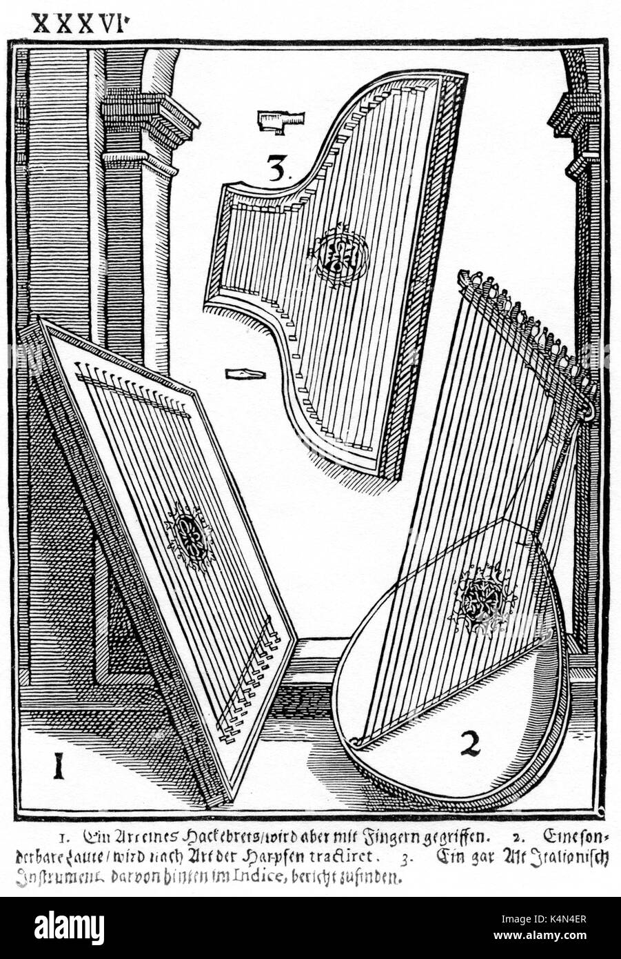 Xilografia da Praetorius "yntagma Musicum" che mostra 1. Dulcimer (giocato con le dita), 2. Arpa-Liuto, 3. "Vecchio strumento italiano". Xvi secolo Rinascimento. Musicista tedesco, compositore e teorico, 15 Febbraio 1571 - 15 febbraio 1621. Foto Stock