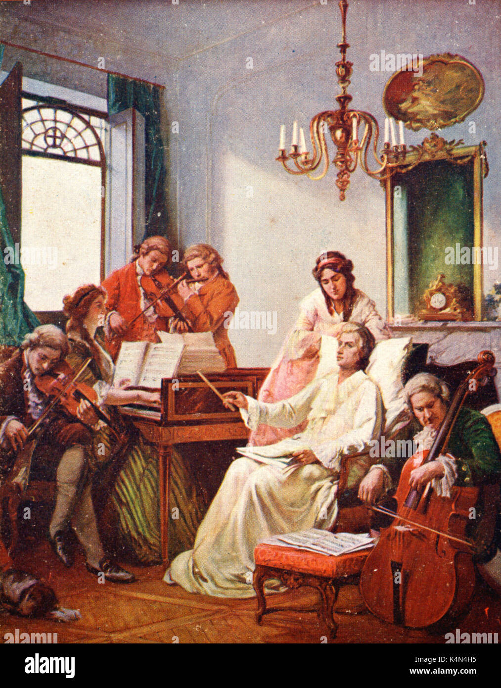 Mozart, il compositore austriaco, conducendo il suo Requiem dal suo letto  di morte. Musica da Camera - violino, viola, violoncello, flauto e  pianoforte. 1756-1791 Foto stock - Alamy
