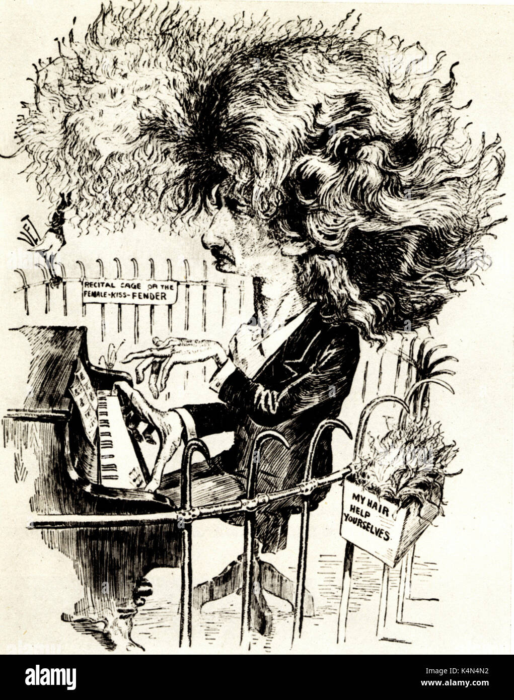 PADEREWSKI, I.J., caricatura di data sconosciuta. Riproduzione di un Steinway. Con didascalie 'considerando gabbia o il Female-Kiss a parafango' e 'My capelli, fatevi aiutare' intorno a lui. Compositore polacco & pianista, 1860-1941 Foto Stock