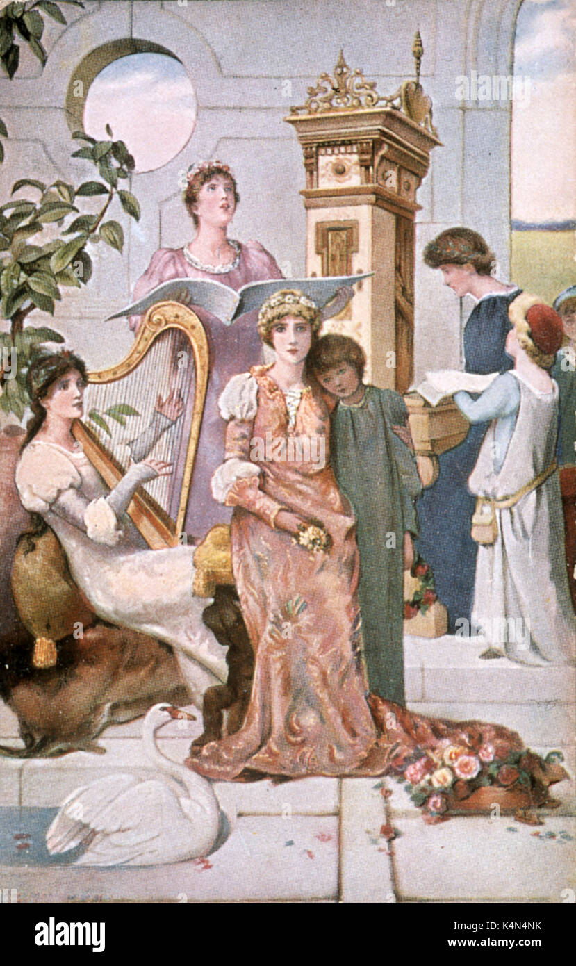 Arpa suonata in scena musicale, con organo in background e coro cantando. Foto Stock