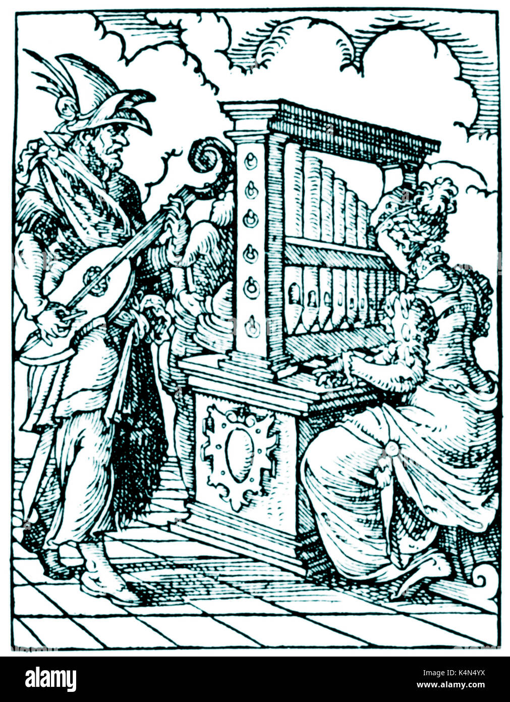 Donna che gioca organo manuale con uomo che lavora il soffietto e l uomo la riproduzione di cetra, utilizzando il plettro Xilografia da Joost Amman, c. 1570. Xvi secolo Rinascimento e Barocco. Foto Stock