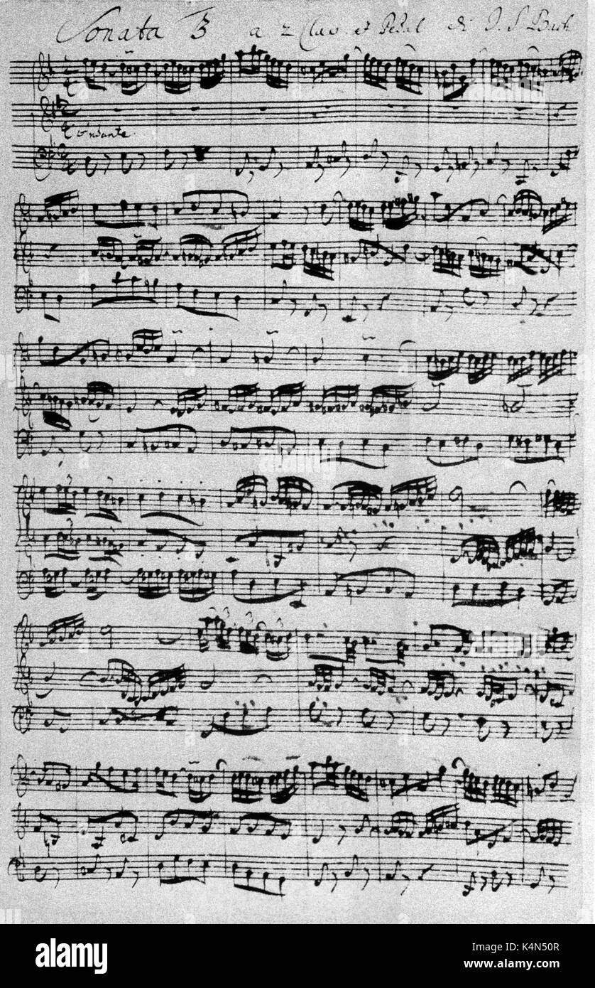 Johann Sebastian Bach 's Trio Sonata - Punteggio manoscritta. Compositore tedesco e organista, 21 marzo 1685 - 28 luglio 1750. Scritto da J S Bach per suo figlio adolescente W F Bach . Foto Stock