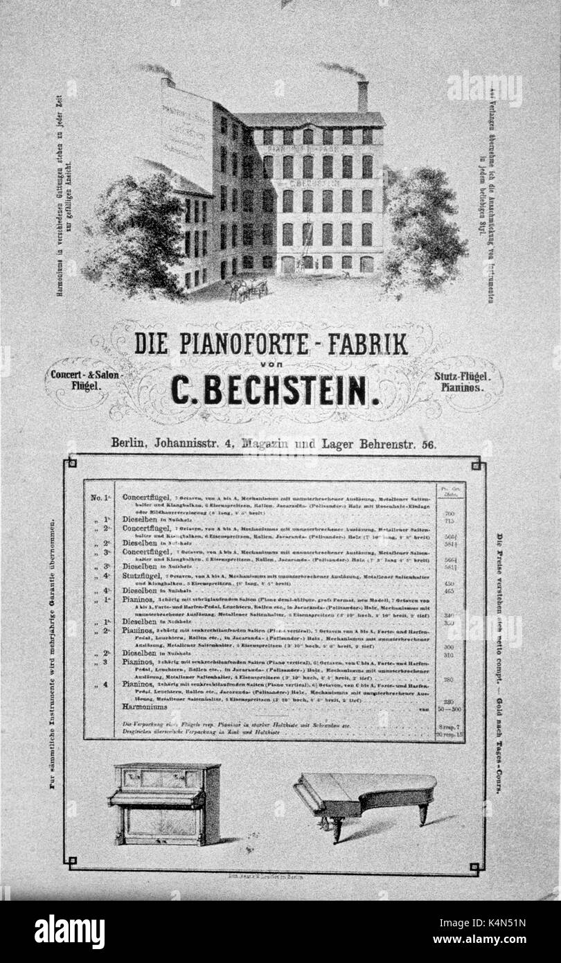 Bechstein prima fabbrica- pubblicità dal 1865. Prezzo di listino. Grand e pianoforti verticali. Foto Stock