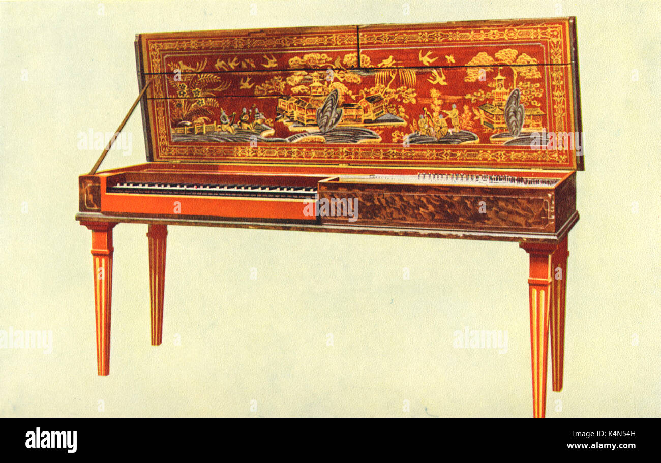 Clavicordo tardo Settecento clavicordo, con decorazioni cinesi sul coperchio disegnato 1921 da Hipkins. (Alfred James Hipkins 1826-1903) Foto Stock