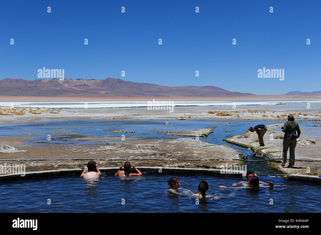 Turisti in Termas de Polques hot springs, Reserva Nacional de fauna Andina Eduardo Abaroa, sud della Bolivia Foto Stock