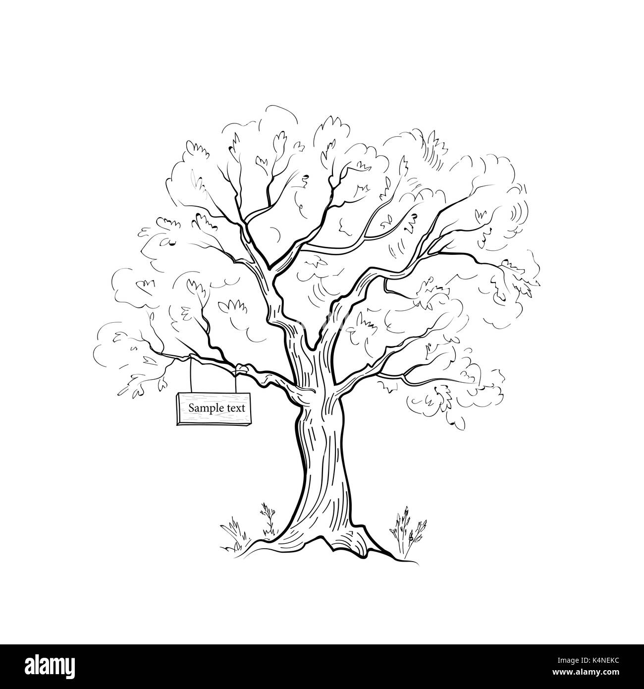 Albero con segno di freccia. estate natura paesaggio sketch. disegnati a mano vector Illustrazione Vettoriale