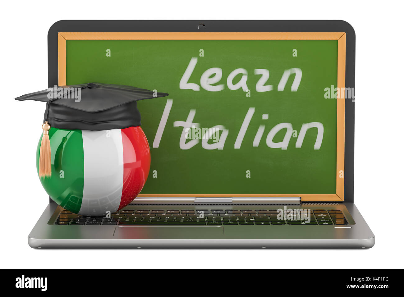 Imparare la lingua italiana concetto con laptop blackboard e tappo di graduazione, rendering 3D Foto Stock