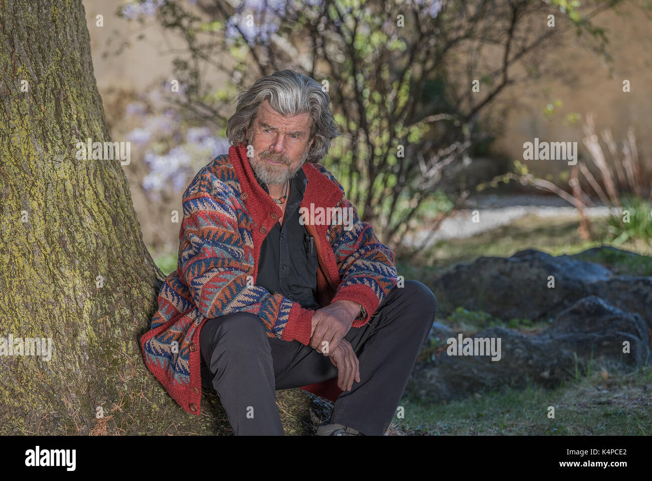 Alpinista Reinhold Messner sotto il suo albero preferito a Castello Juval in Alto Adige, Italia Foto Stock