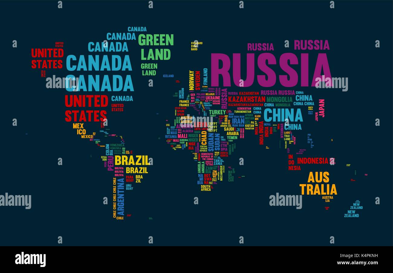 Tipografia colore mappa del mondo fatto di ogni nome di paese. Testo Concetto atlas design con forme continente. EPS10 vettore. Illustrazione Vettoriale
