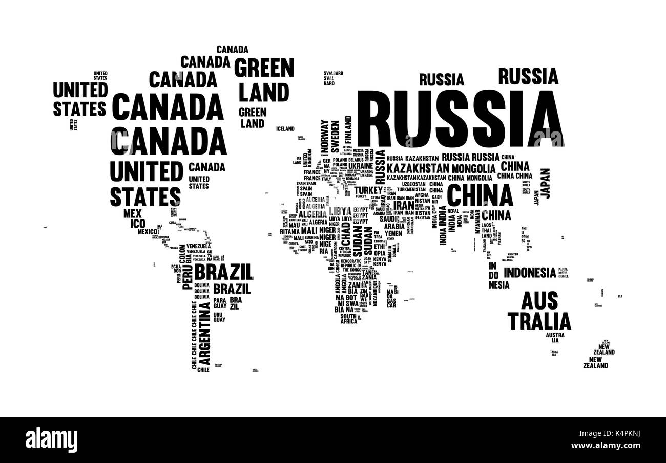 Tipografia Mappa mondo fatto di ogni nome di paese in bianco e nero. Testo Concetto atlas design con forme continente. EPS10 vettore. Illustrazione Vettoriale