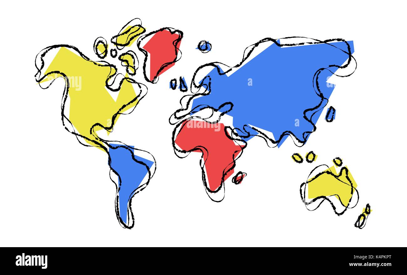 Mappa mondo illustrazione nel modello disegnato a mano stile, concetto doodle con design colorato continente astratto forme. EPS10 vettore. Illustrazione Vettoriale