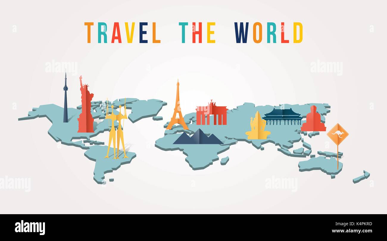 Viaggiare per il mondo illustrazione con mappa e punti di riferimento in tutto il mondo in 3d carta tagliata stile. Include la torre Eiffel, la statua della Libertà, le piramidi di Giza. EPS10 vect Illustrazione Vettoriale
