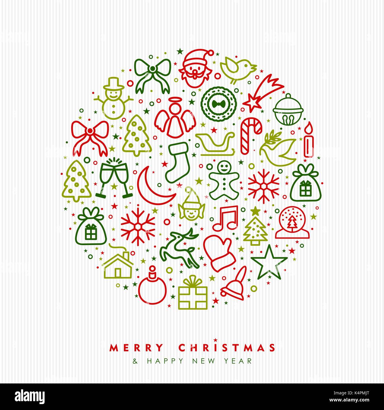 Buon Natale e felice Anno Nuovo biglietto di auguri design con linea vacanze icona arte illustrazione. Include la decorazione di ornamento, renne, pino. EP Illustrazione Vettoriale