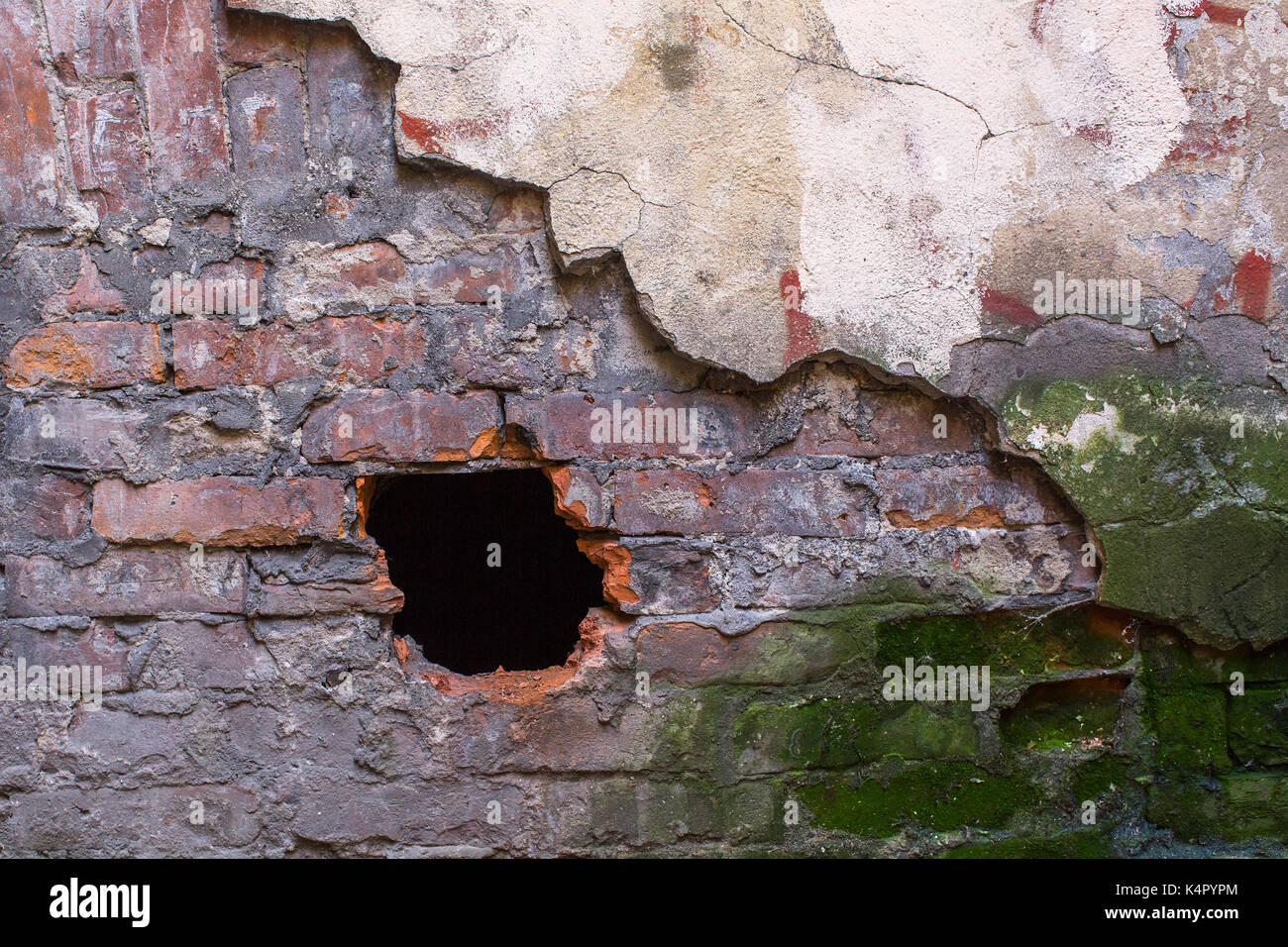 La Texture Del Vecchio Muro In Mattoni Con Intonaco Rotto E Foro Foto Stock Alamy