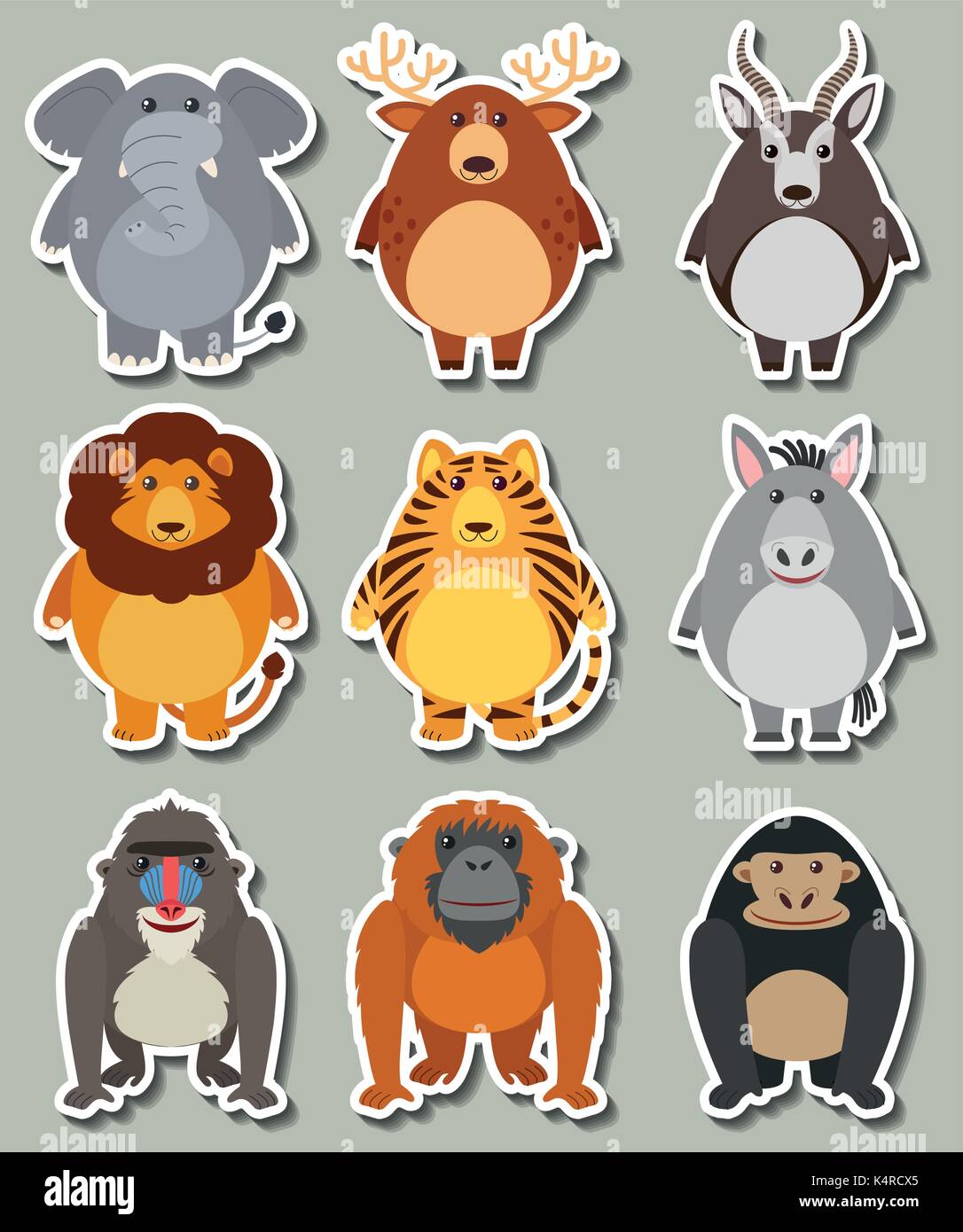 Sticker design con molti animali selvatici illustrazione Illustrazione Vettoriale