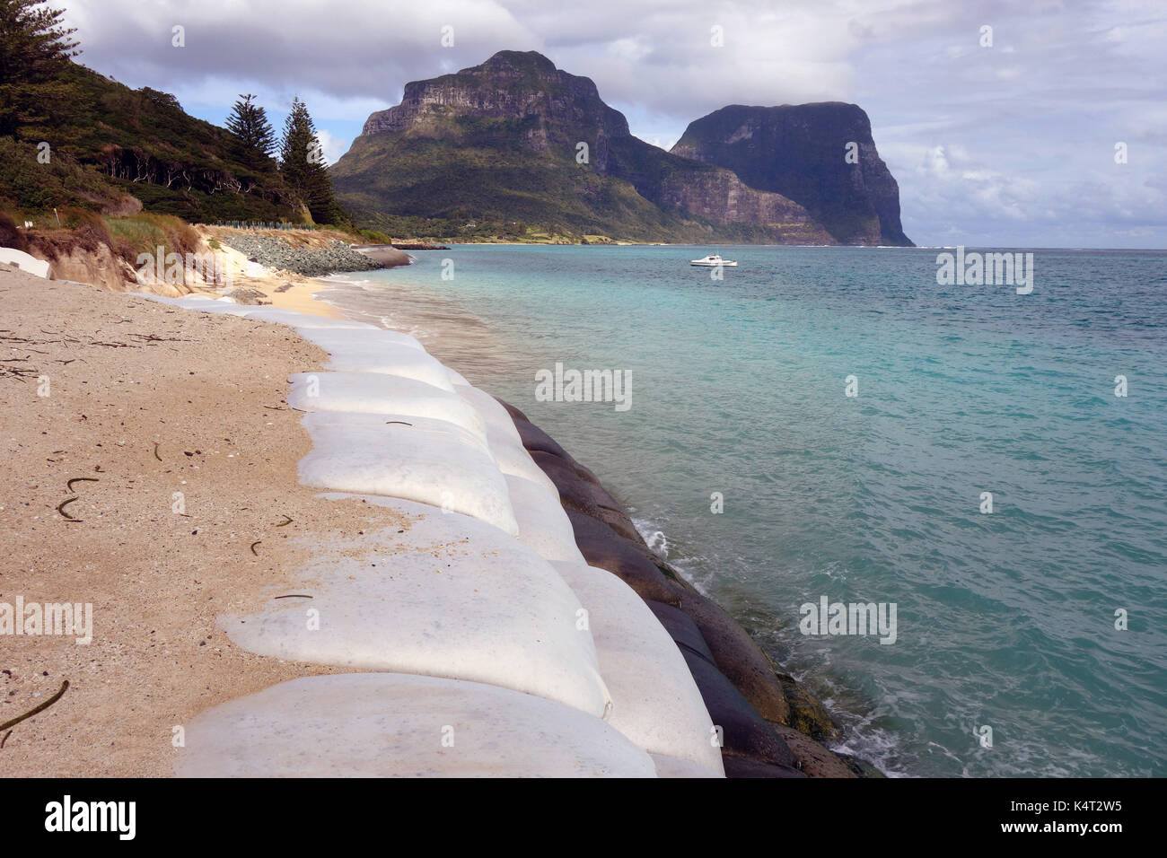 Sacchi di sabbia di rinforzo delle difese costiere, Isola di Lord Howe, NSW, Australia. N. PR Foto Stock