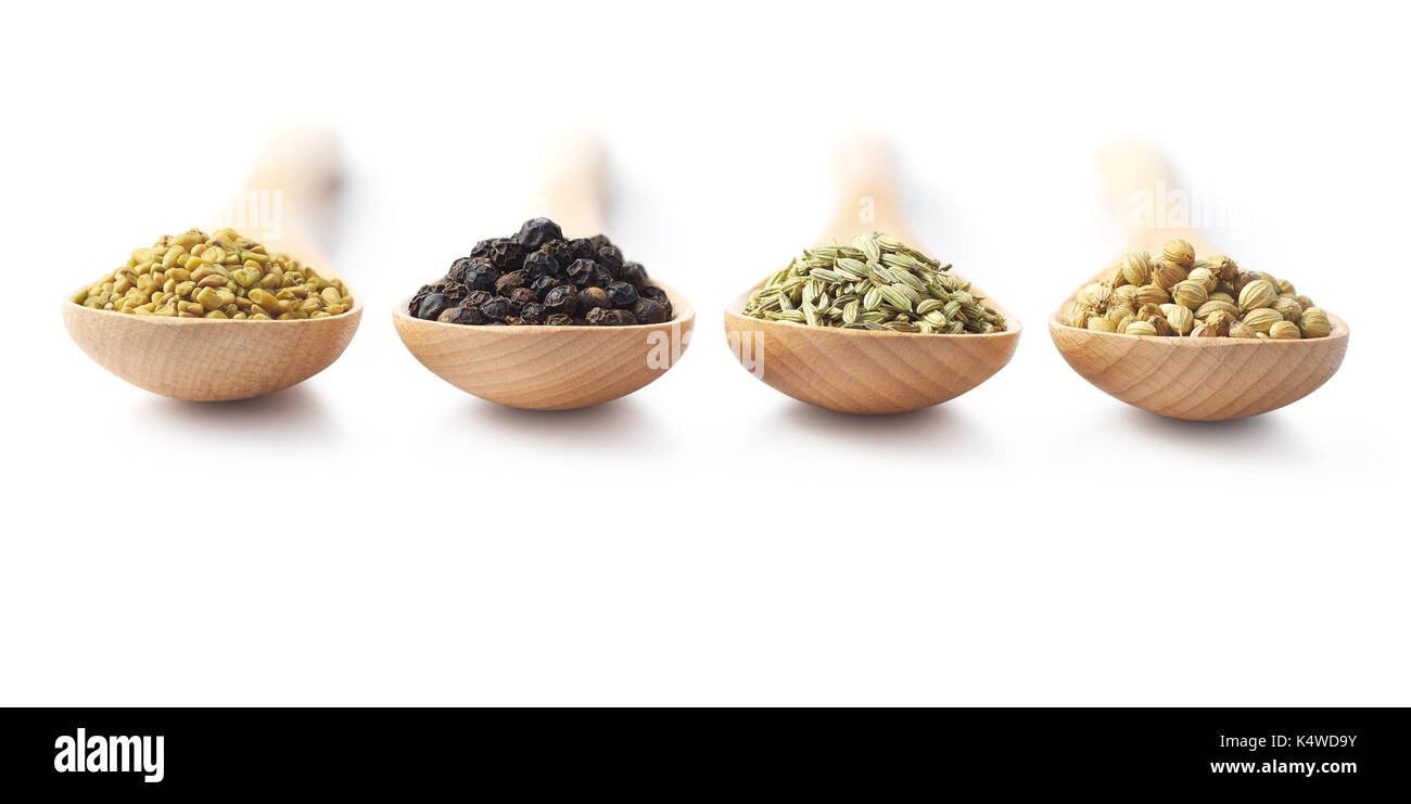 Cucchiaio di legno riempita con spezie - fieno greco, Peppe nero, Finocchio e coriandolo Foto Stock