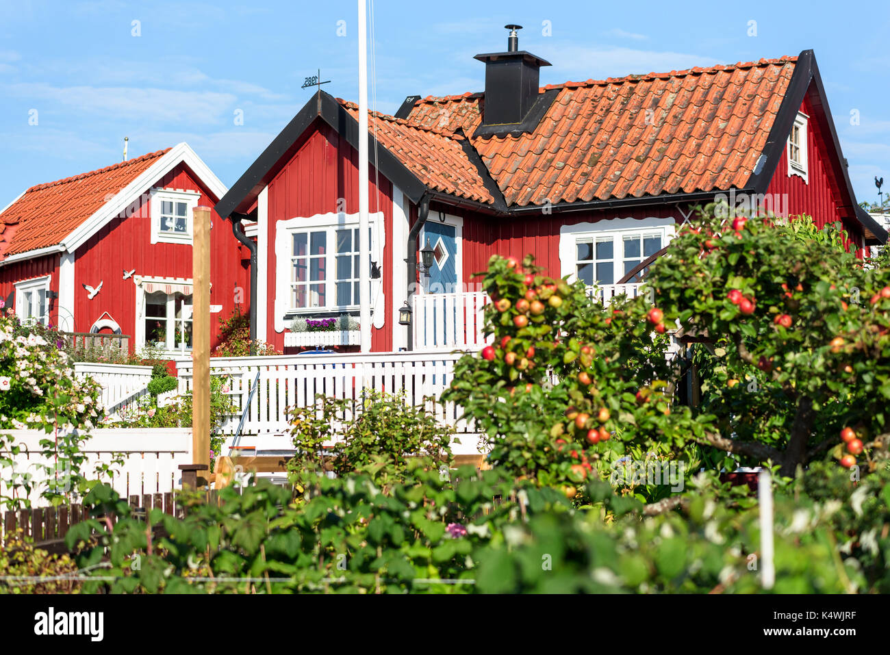 Karlskrona, Svezia - 28 agosto 2017: documentario di viaggio della città dintorni. riparto case o cabine con alberi da frutto e giardino anteriore. Foto Stock