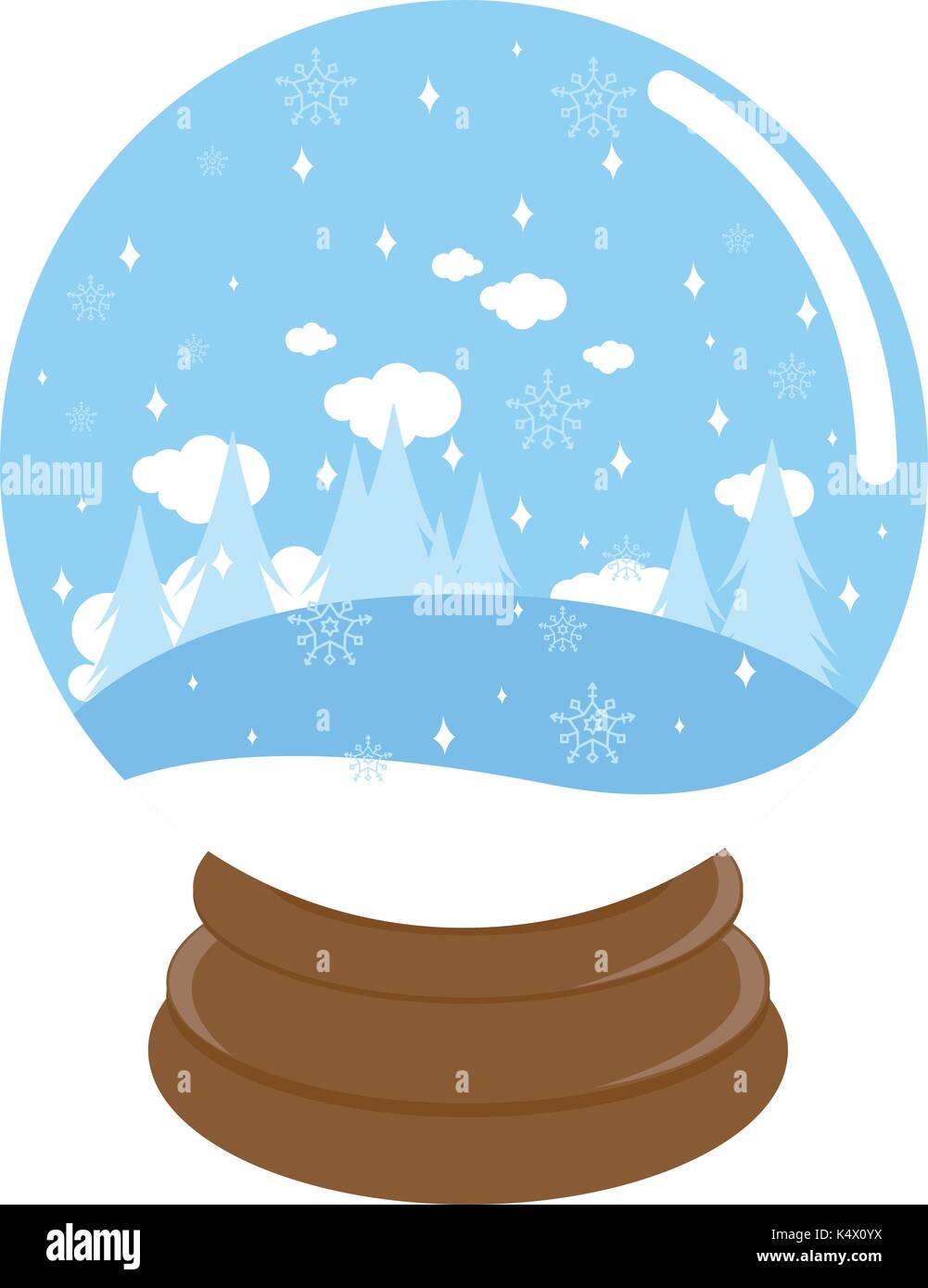 Paesaggio invernale all'interno di un globo di neve. Foresta nella neve, cielo azzurro e nevicate in un globo d'acqua. Illustrazione vettoriale. Illustrazione Vettoriale