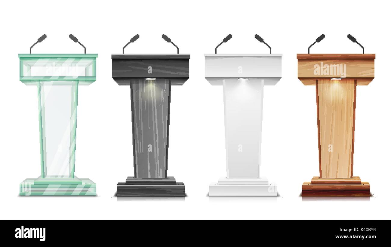 Set di tribune vettore. Podio podio stand con microfoni. Presentazione aziendale o la conferenza, dibattito Intervento illustrazione isolato Illustrazione Vettoriale