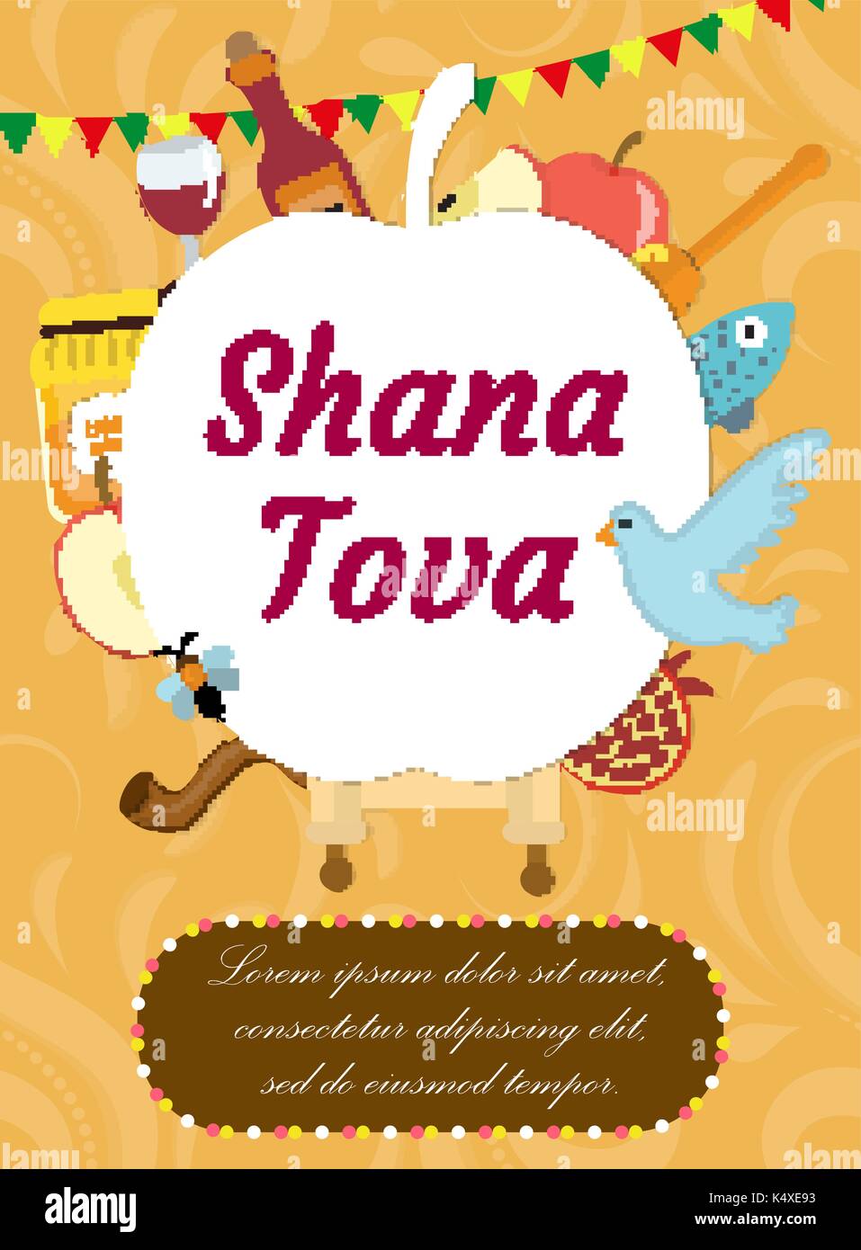 Rosh Hashanah poster, flyer, invito biglietto di auguri. Shana Tova è un modello per il design con simboli tradizionali. Festa ebraica. Felice Anno Nuovo in Israele. Illustrazione Vettoriale. Illustrazione Vettoriale