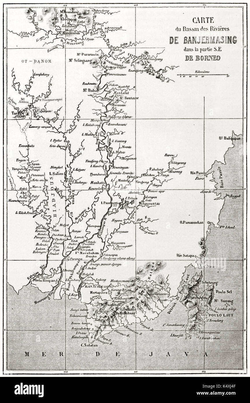Mappa vecchia realizzata in antiche tonalità seppia di Banjarmasin regione sud-est Borneo. Creato da Erhard e Bonaparte pubblicato in Le Tour du Monde Parigi 1862 Foto Stock