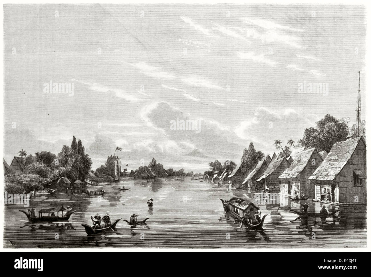 Antico borgo fatto di palafitte sulle rive di un fiume nella giungla di Banjarmasin Borneo sudorientale. Barche a vela sono le acque calme. Creato da Erhard e Bonaparte pubblicato in Le Tour du Monde Parigi 1862 Foto Stock