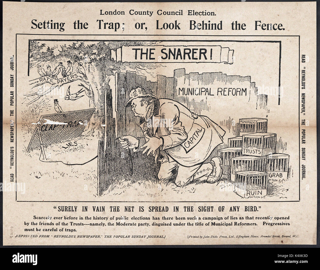 Il Snarer! Impostazione della trappola; oppure guarda dietro il recinto - London County Council elezioni, 1907 Foto Stock