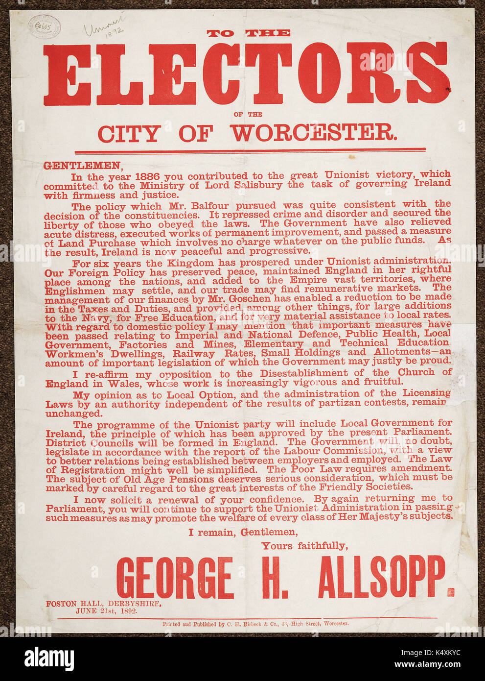 Per gli elettori della città di Worcester. - British manifesti politici, C1905-c1910 Foto Stock