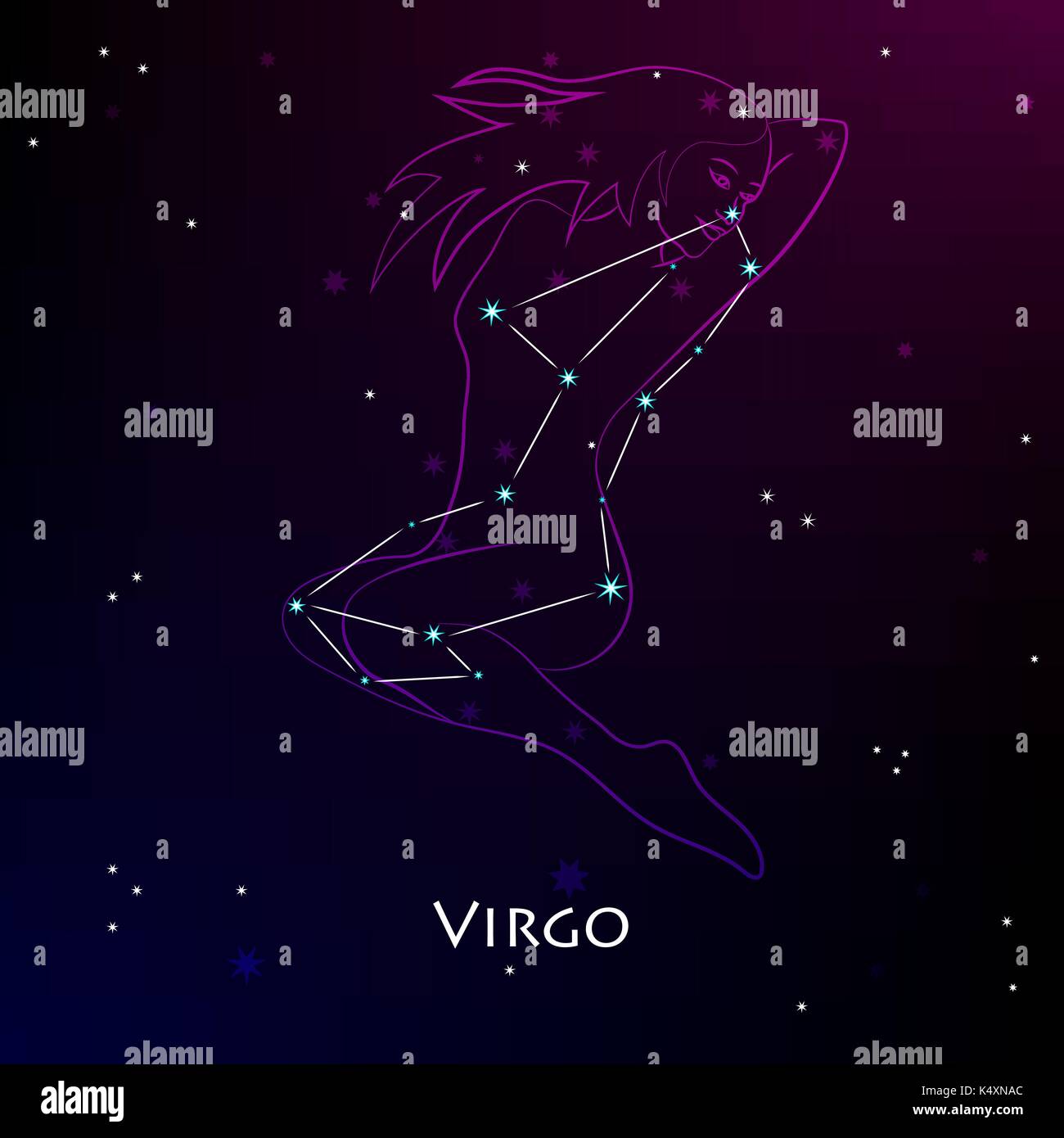 Virgo segno zodiacale e la costellazione contro lo sfondo di un oscuro cielo stellato. illustrazione vettoriale su sfondo nero Illustrazione Vettoriale