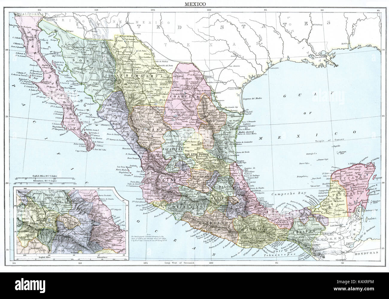 Mappa Antico, circa 1875, del Messico Foto Stock