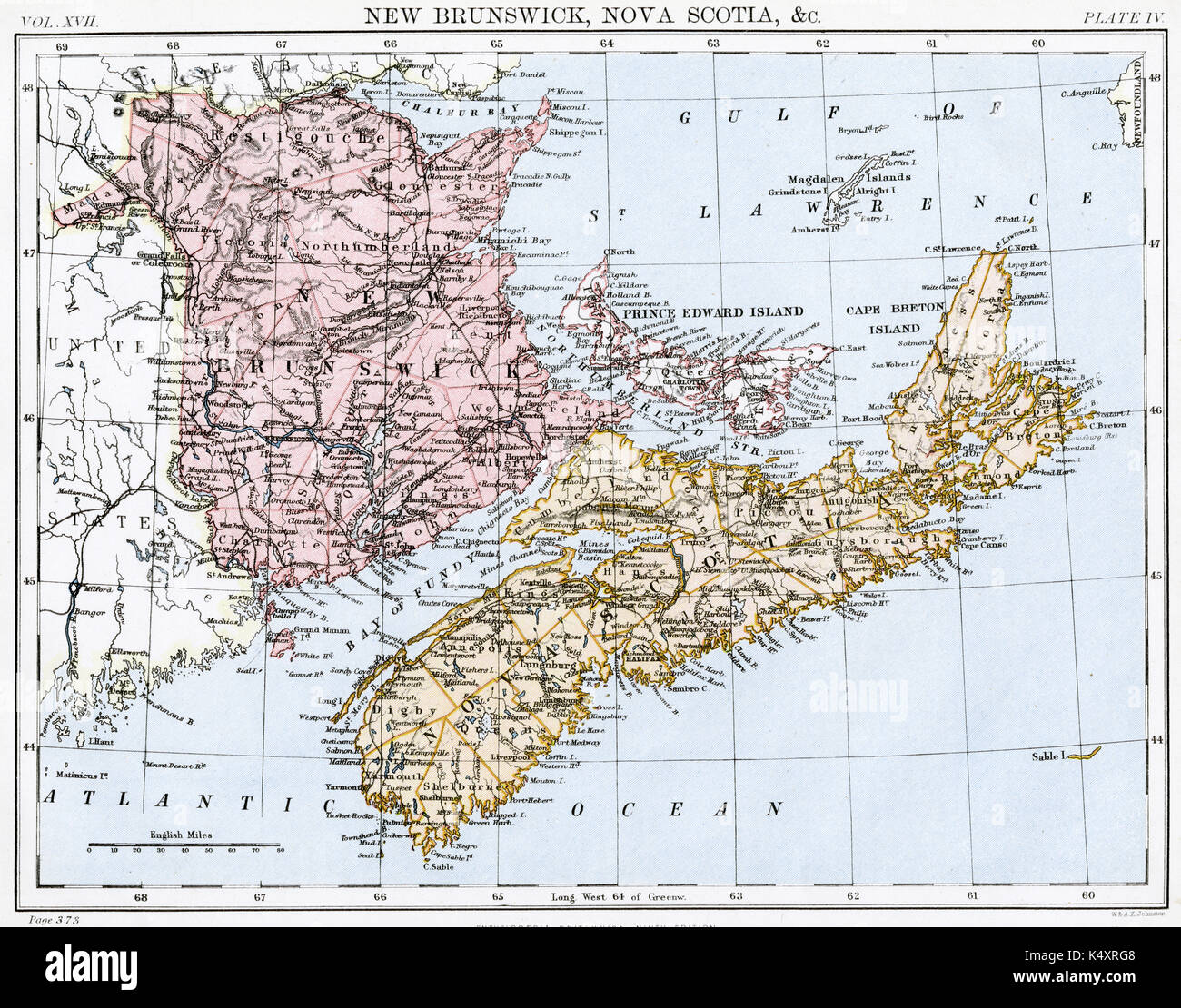 Mappa Antico, circa 1875, del Canada (New Brunswick e Nova Scotia) Foto Stock