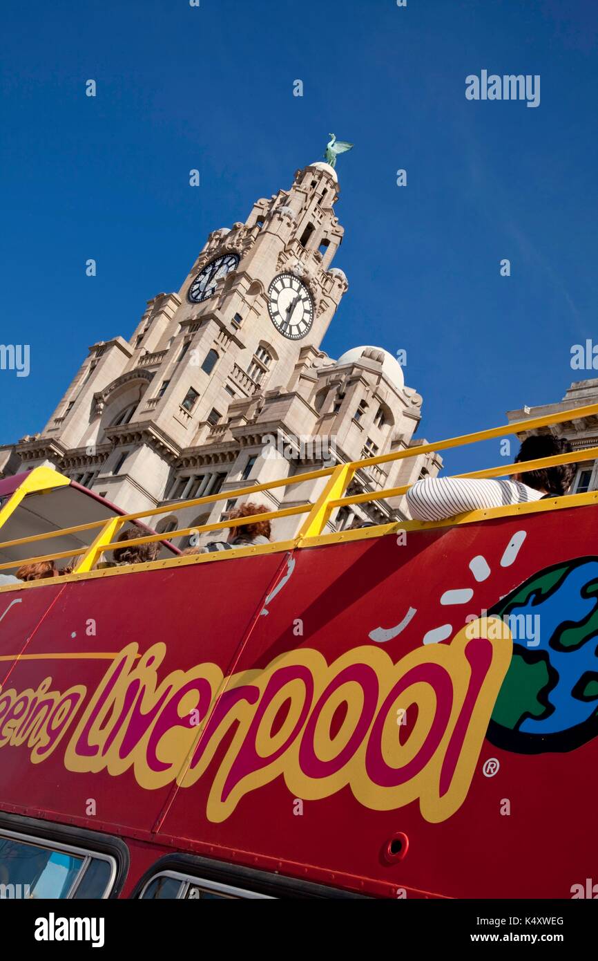 Tour bus esterno Royal Liver Building, Pier Head, Liverpool Foto Stock