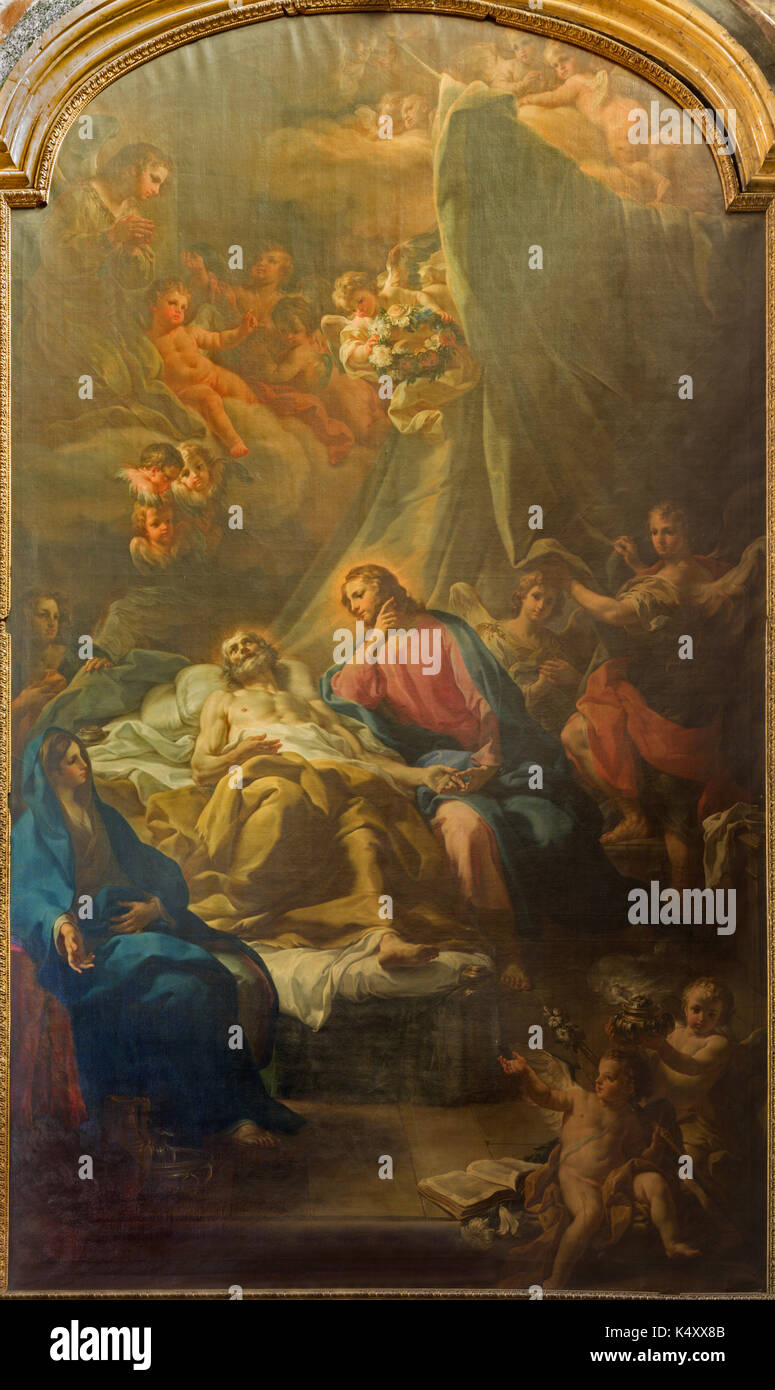Torino, Italia - 13 marzo 2017: la pittura della morte di san Giuseppe (transito di san Giuseppe) sull'altare laterale nella chiesa di santa teresa Foto Stock