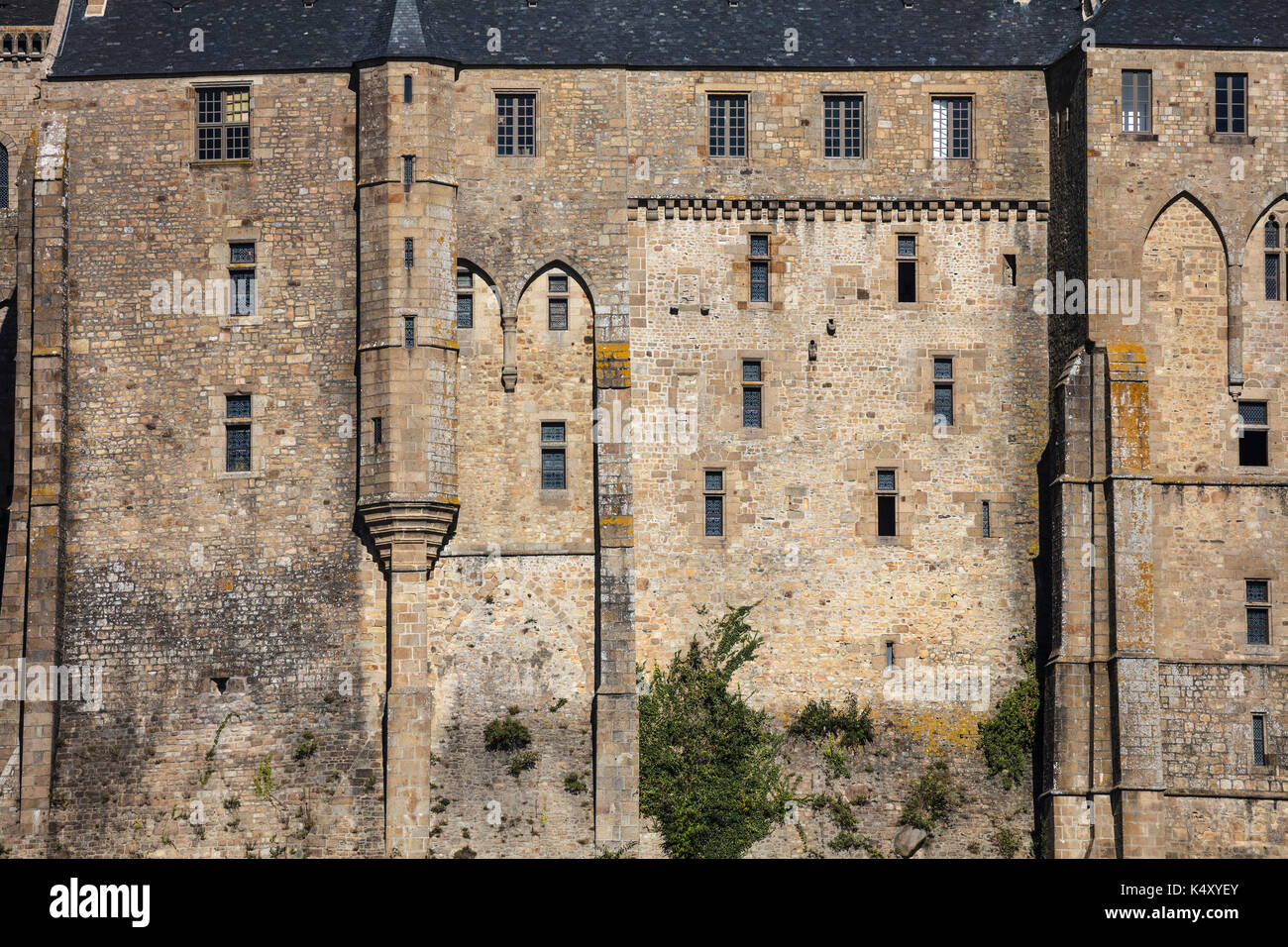 Mont Saint Michel (Saint Michael Mount), Normandia, a nord-ovest della Francia: facciata delle abitazioni abbaziale (non disponibile per la produzione di cartolina) Foto Stock