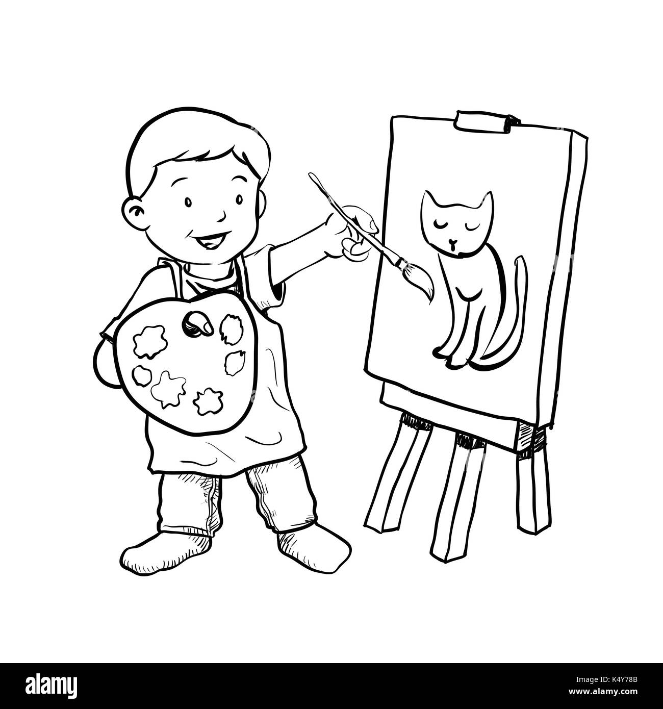 Disegno a mano di cartoon boy pittore isolato su sfondo bianco in bianco e nero linea semplice illustrazione vettoriale per libro da colorare - linea tracciata vecto Illustrazione Vettoriale