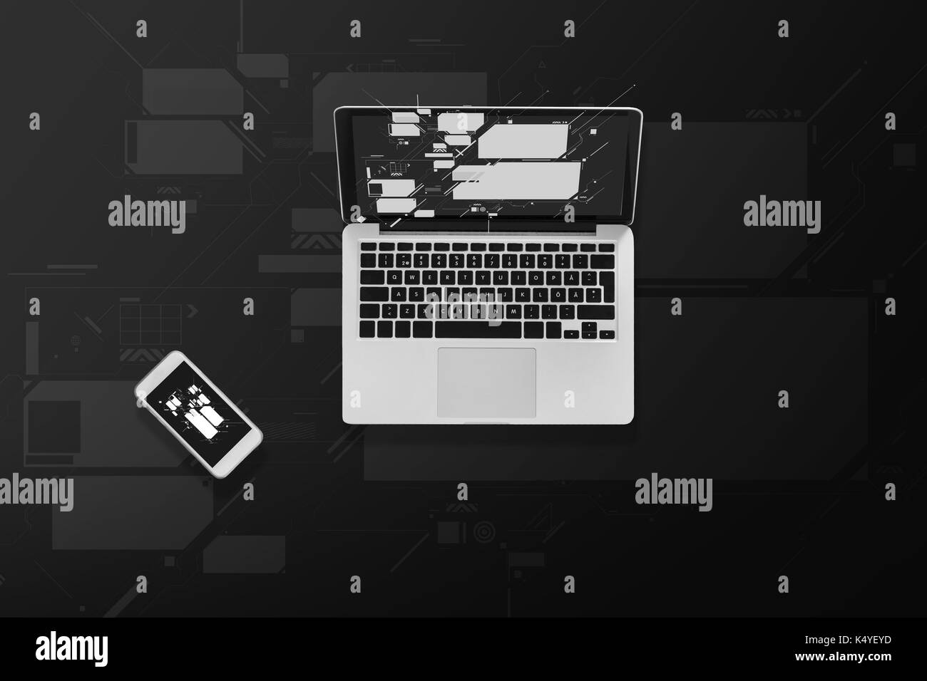 Computer portatili e smartphone vista superiore Foto Stock