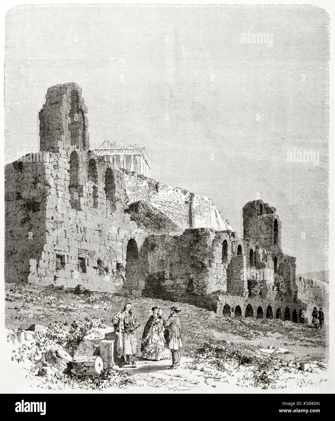 Le antiche rovine di una pietra maestosa struttura classica e un tempio greco posto sulla sommità di esso. Odeon di Erode Attico esterno nell'Acropoli di Atene. Da Therond in Le Tour du Monde Parigi 1862 Foto Stock