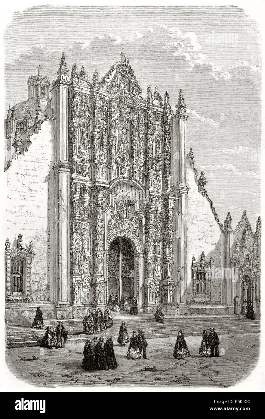 Antica majestic riccamente decorate ingresso di una cattedrale di pietra. Città del Messico cattedrale metropolitana portale principale. Creato da Catenacci dopo foto di a Charnay pubblicato in Le Tour du Monde Parigi 1862 Foto Stock