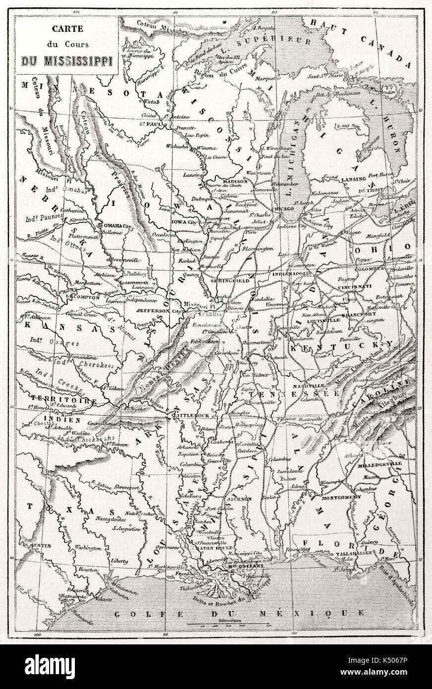 Vecchia carta topografica del fiume Mississippi corso. Creato da Erhard e Bonaparte pubblicato in Le Tour du Monde Parigi 1862 Foto Stock