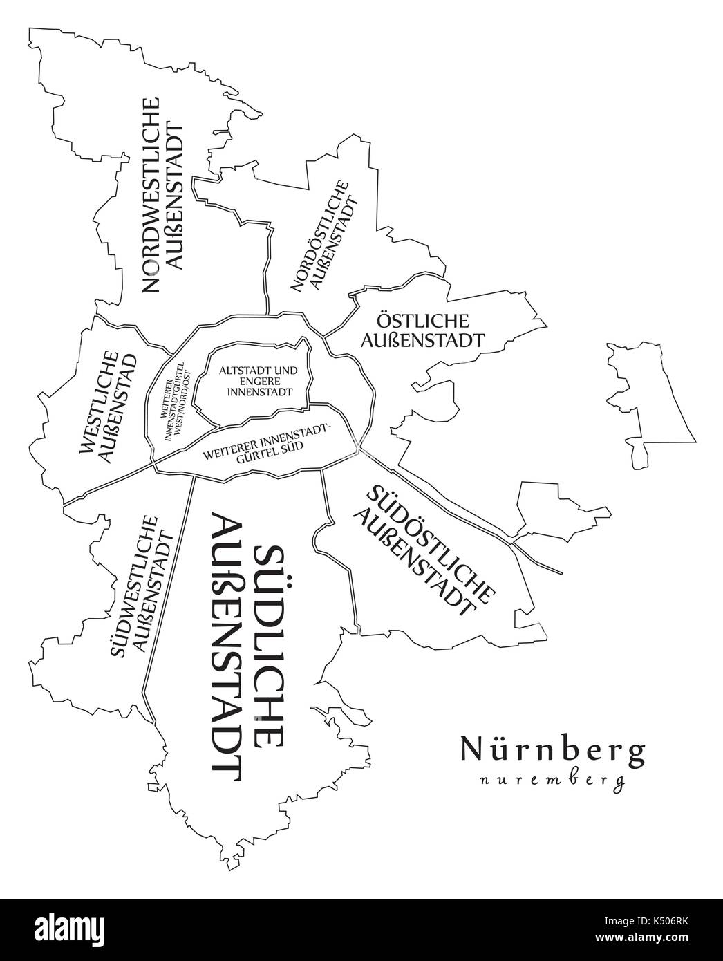 Città moderna mappa - Norimberga città della Germania con comuni e titoli de mappa di contorno Illustrazione Vettoriale