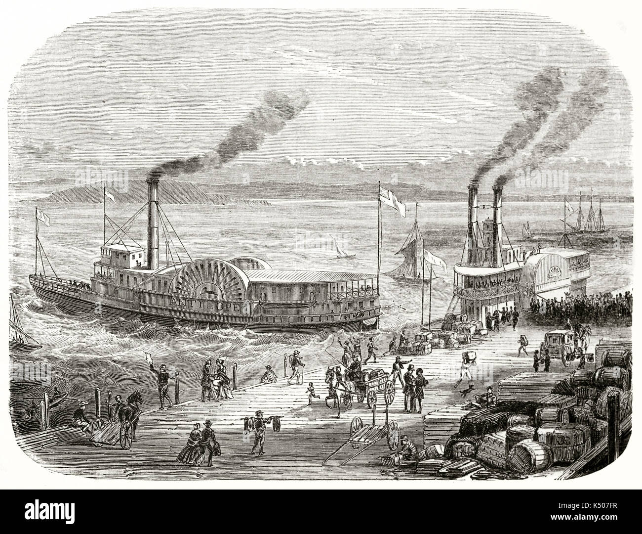 Antica San Francisco docks, California, con un battello a vapore che salpa. Merci mercantile raggruppati sul molo sono in attesa di essere caricato. Da Chassevent pubblicato in Le Tour du Monde Parigi 1862 Foto Stock