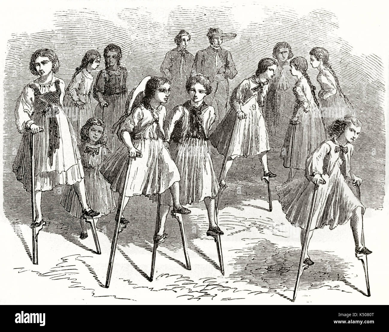 Vecchia illustrazione di ragazze giocando su palafitte. Creato da Lancelot pubblicato in Le Tour du Monde Parigi 1862 Foto Stock