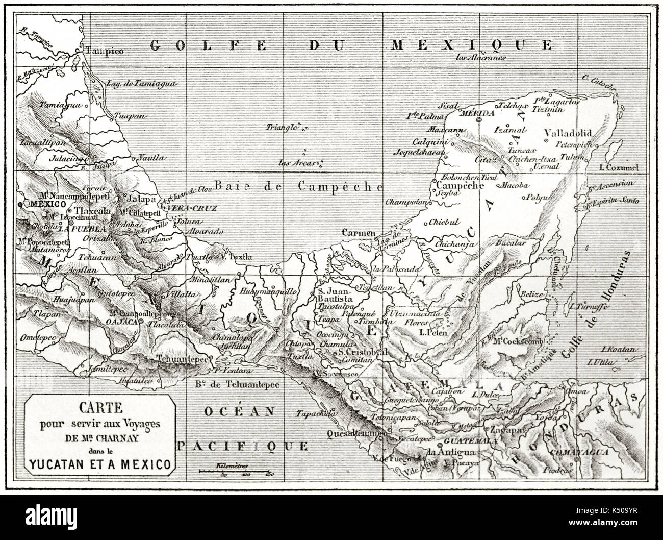 Yucatan tonalità di grigio topografiche mappa vecchia, Messico. Creato da Erhard e Bonaparte pubblicato in Le Tour du Monde Parigi 1862 Foto Stock