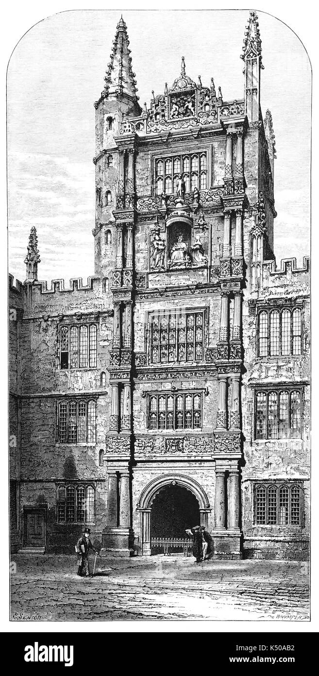 1870: Le scuole un quadrangolo costruito 1613-24, è ora l'ingresso alla biblioteca Bodleian, la principale libreria di ricerca dell'Università di Oxford, ed è una delle più antiche biblioteche in Europa. Con oltre 12 milioni di articoli, è il secondo più grande libreria in Gran Bretagna dopo la British Library. Sotto il deposito legale atto librerie 2003 è uno dei sei deposito legale di librerie per opere pubblicate nel Regno Unito, Oxford, Inghilterra Foto Stock